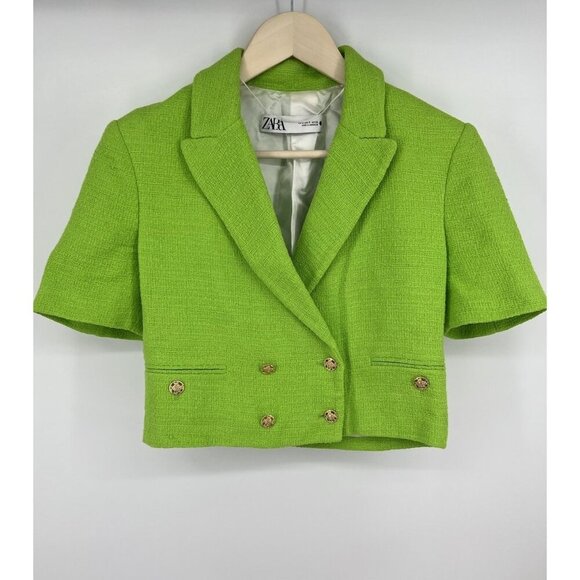 Zara Neon Lime Green Tweed Double-Breasted Cropped Blazer Gold Button Size Small - Picture 1 of 4